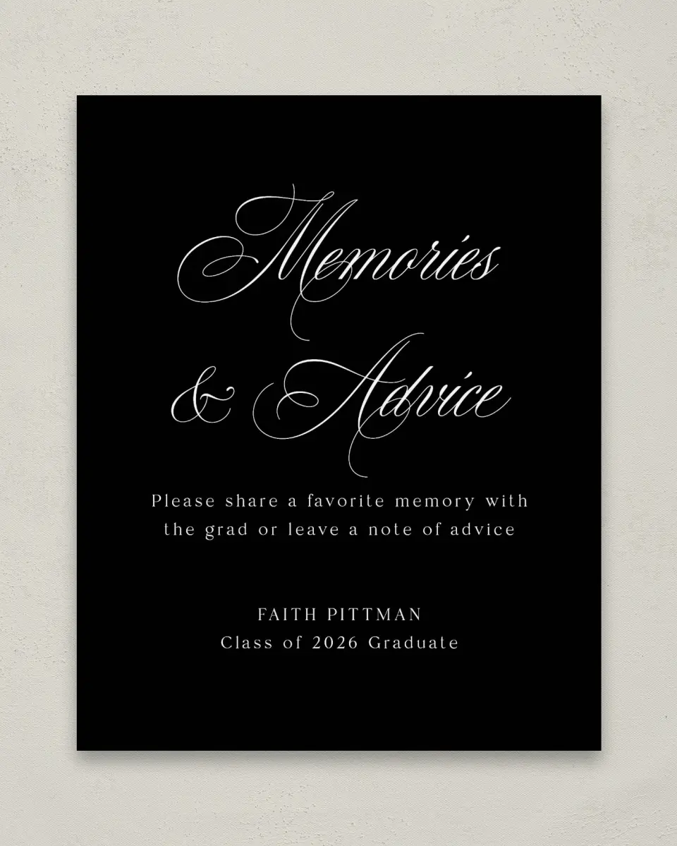 This is a 8" x 10" Memory & Advice Grad Sign called Class Elegance printed in full color
