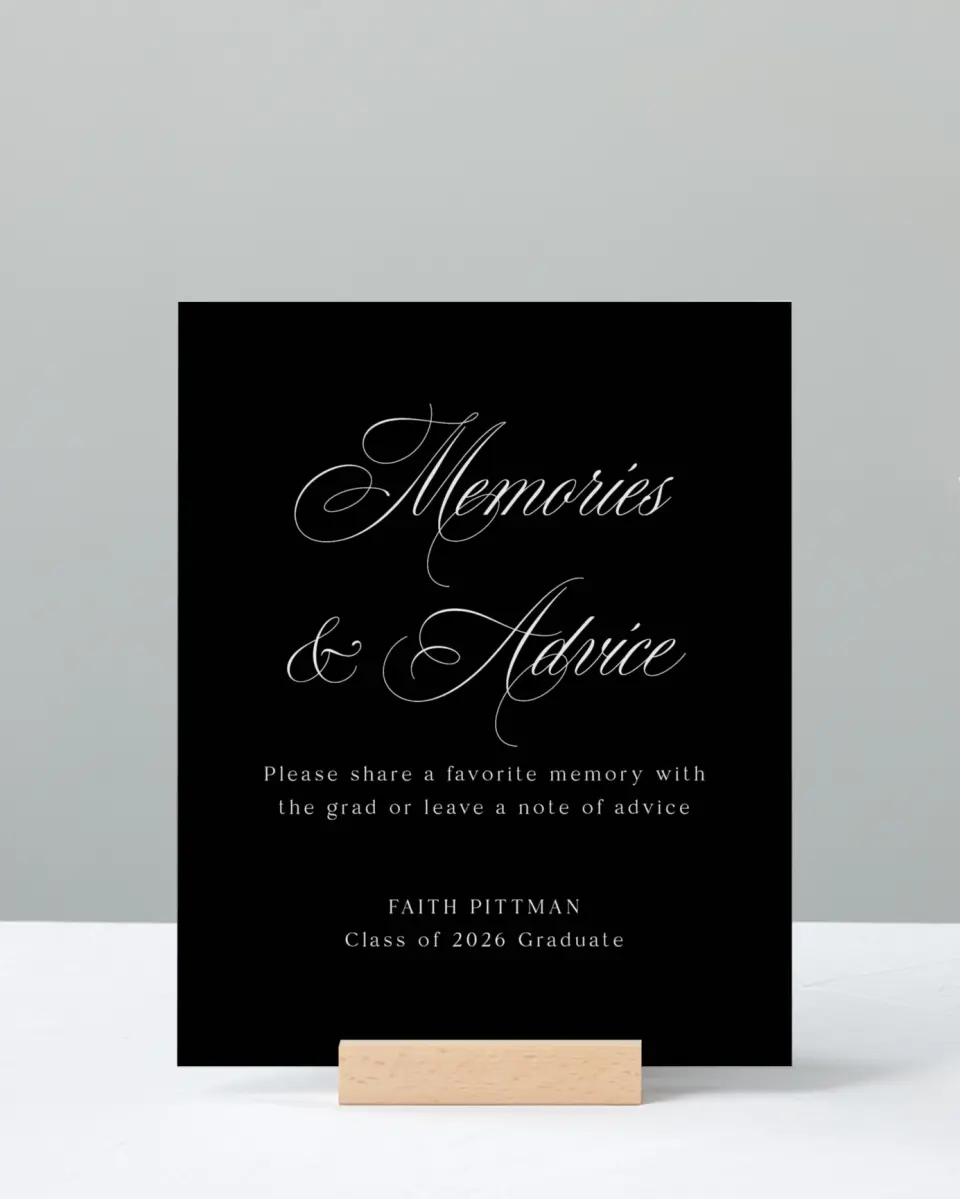 This is a 8" x 10" Memory & Advice Grad Sign called Class Elegance printed in full color with Silver foil