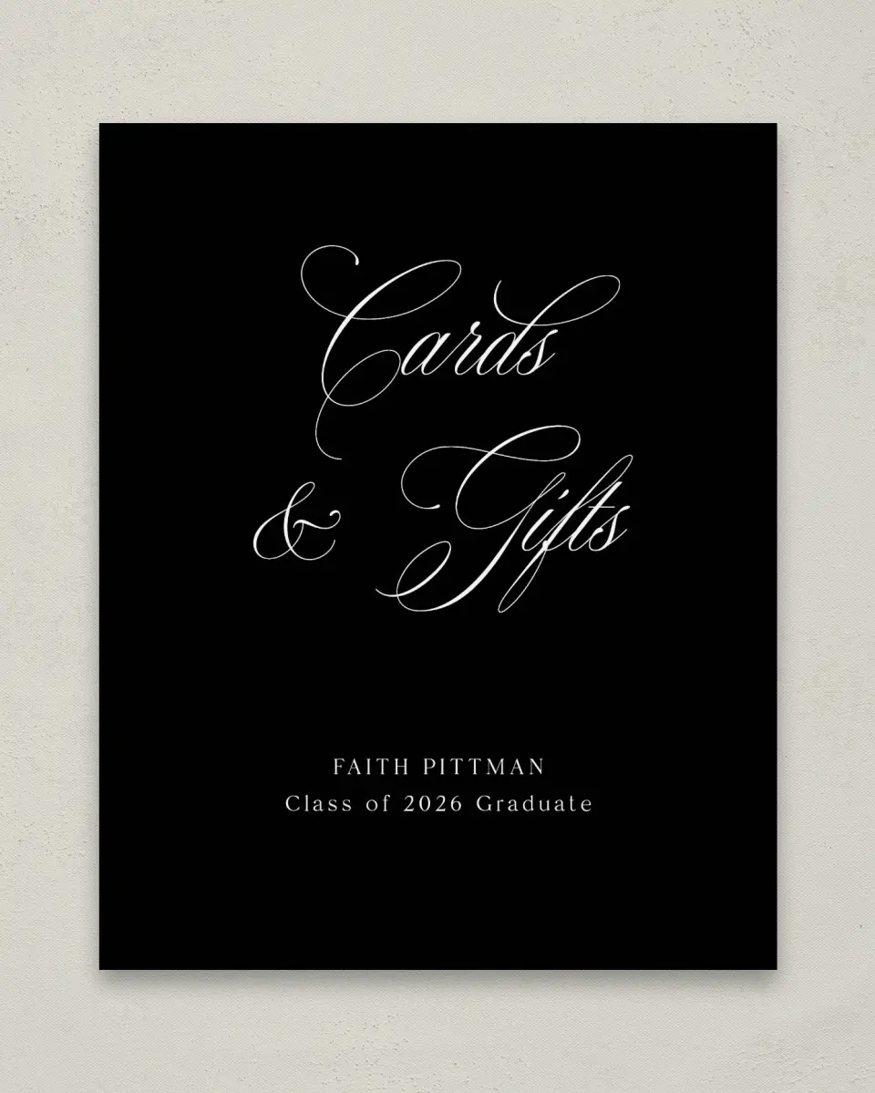 This is a 8" x 10" Cards & Gifts Grad Sign called Class Elegance printed in full color