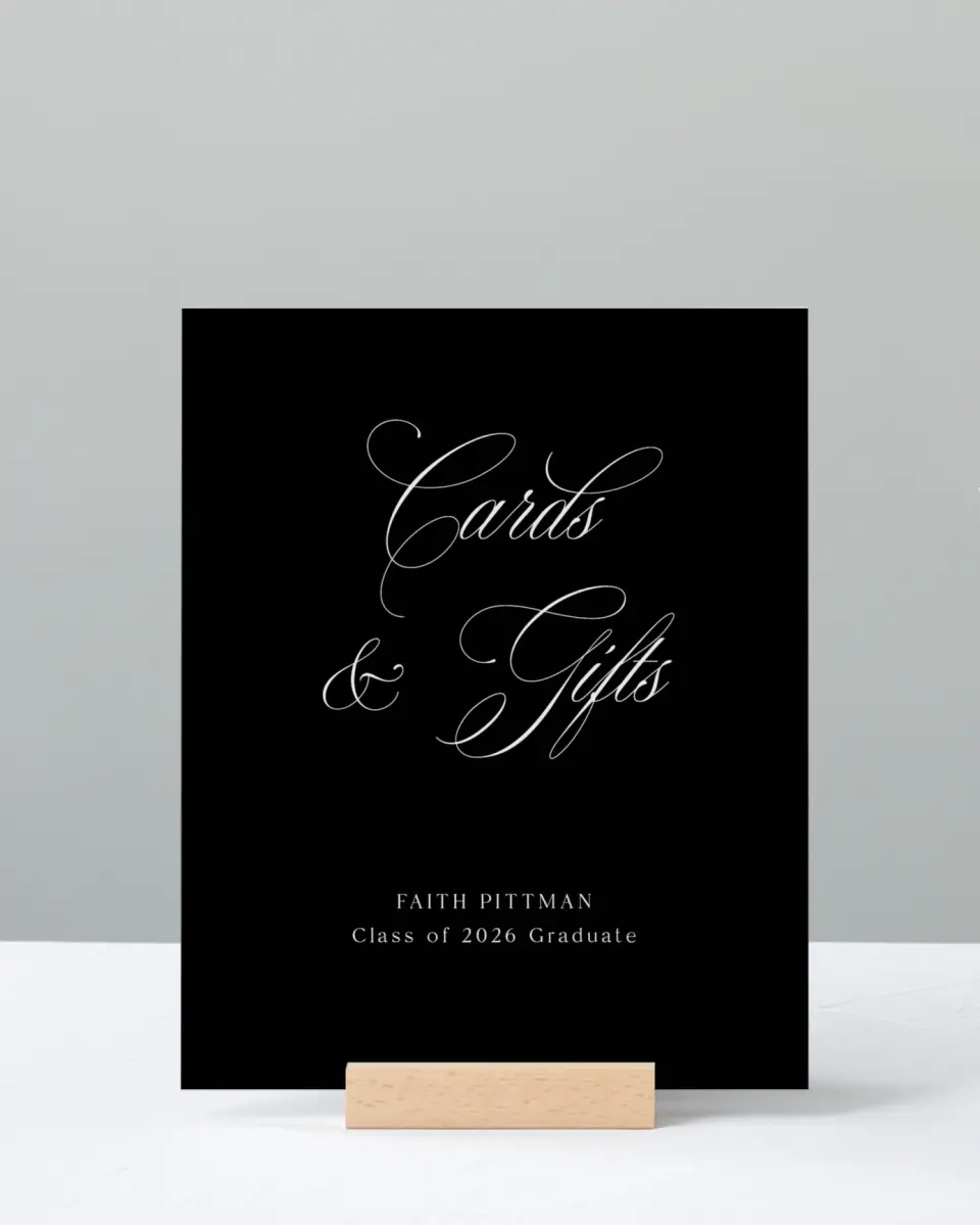 This is a 8" x 10" Cards & Gifts Grad Sign called Class Elegance printed in full color