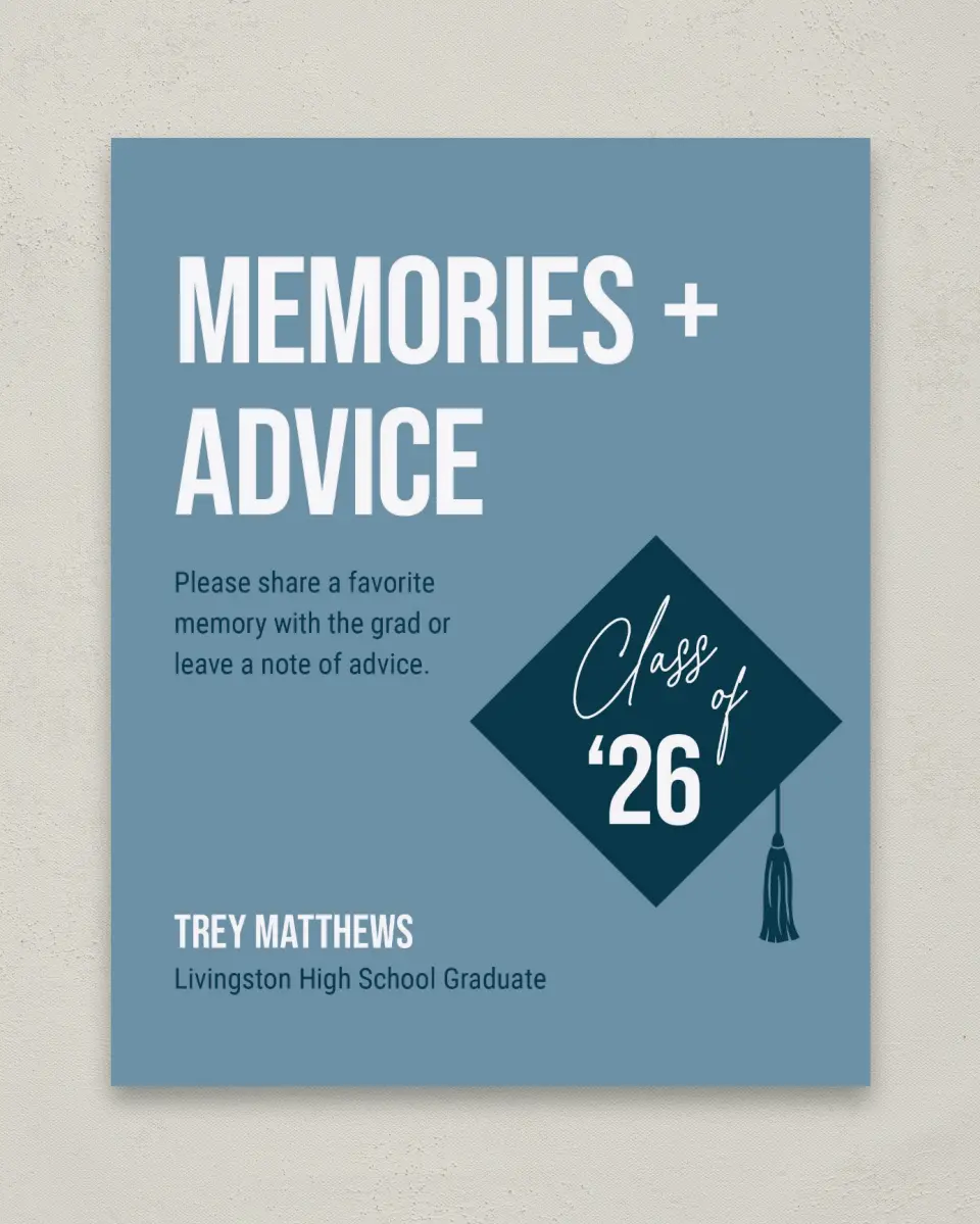 This is a 8" x 10" Memory & Advice Grad Sign called Scholarly Style printed in full color