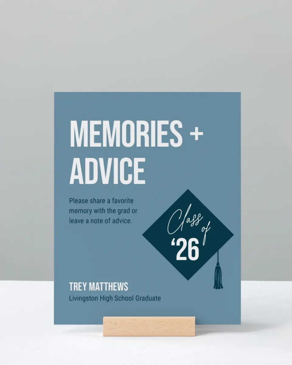 This is a 8" x 10" Memory & Advice Grad Sign called Scholarly Style printed in full color with Rose Gold foil