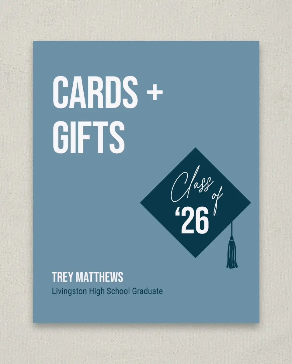 This is a 8" x 10" Cards & Gifts Grad Sign called Scholarly Style printed in full color