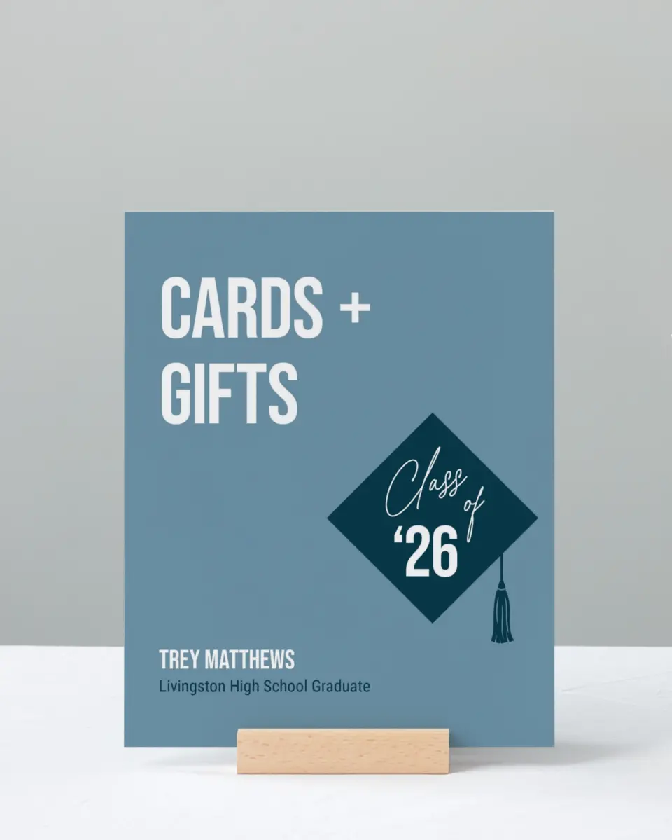 This is a 8" x 10" Cards & Gifts Grad Sign called Scholarly Style printed in full color