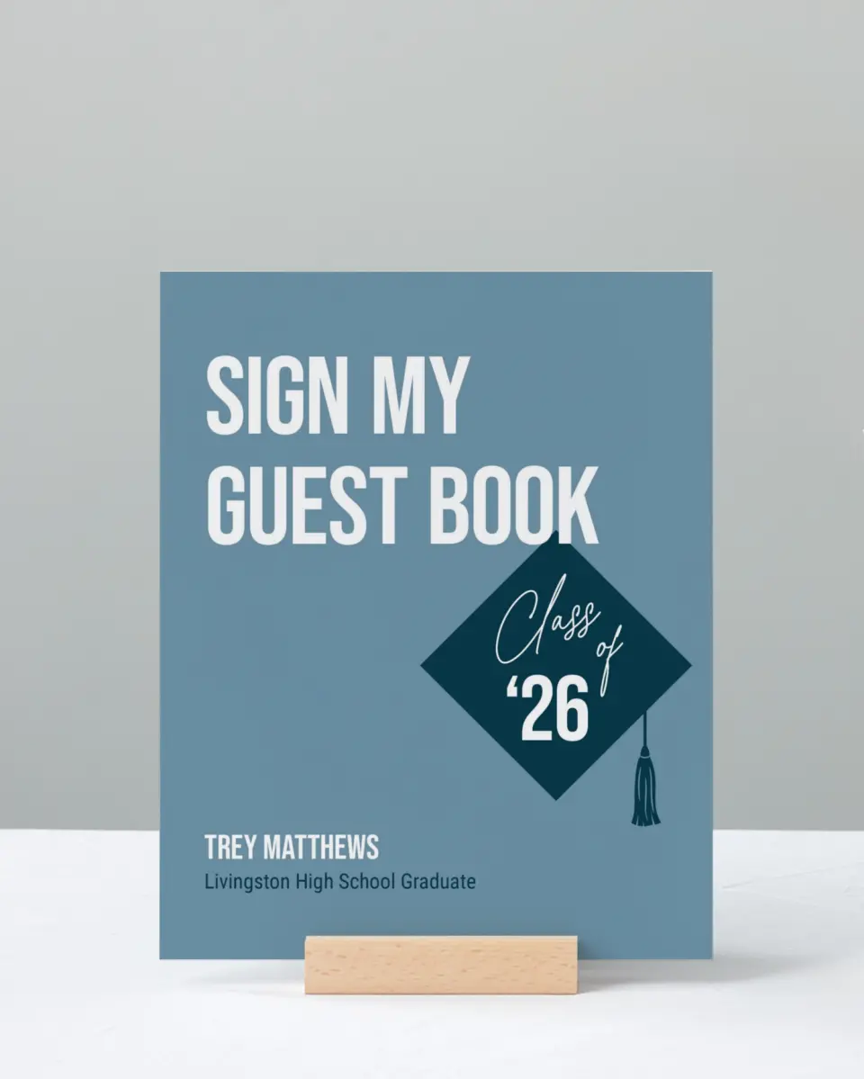 This is a 8" x 10" Guestbook Grad Sign called Scholarly Style printed in full color
