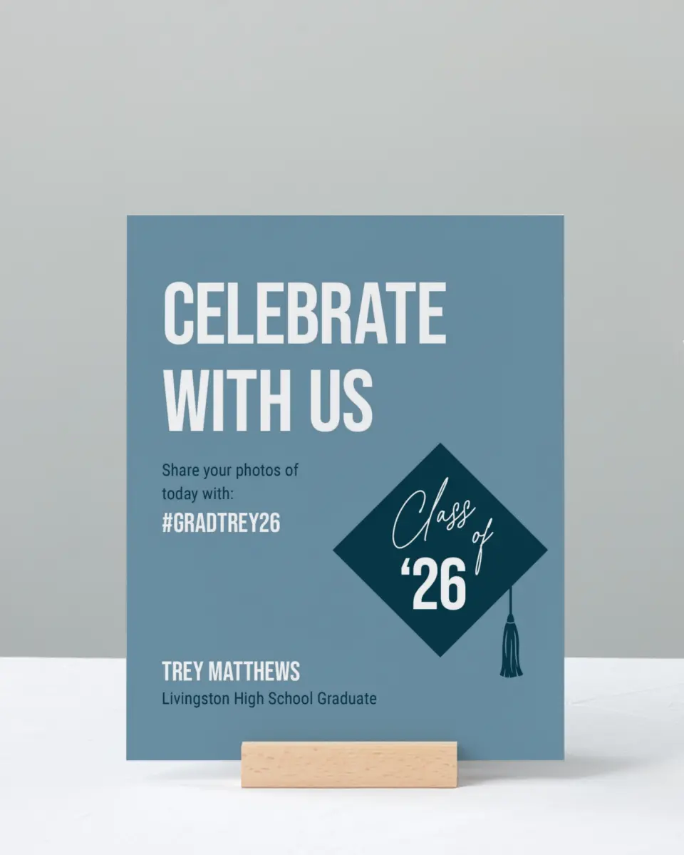 This is a 8" x 10" Let's Celebrate & Snap a Photo Grad Sign called Scholarly Style printed in full color