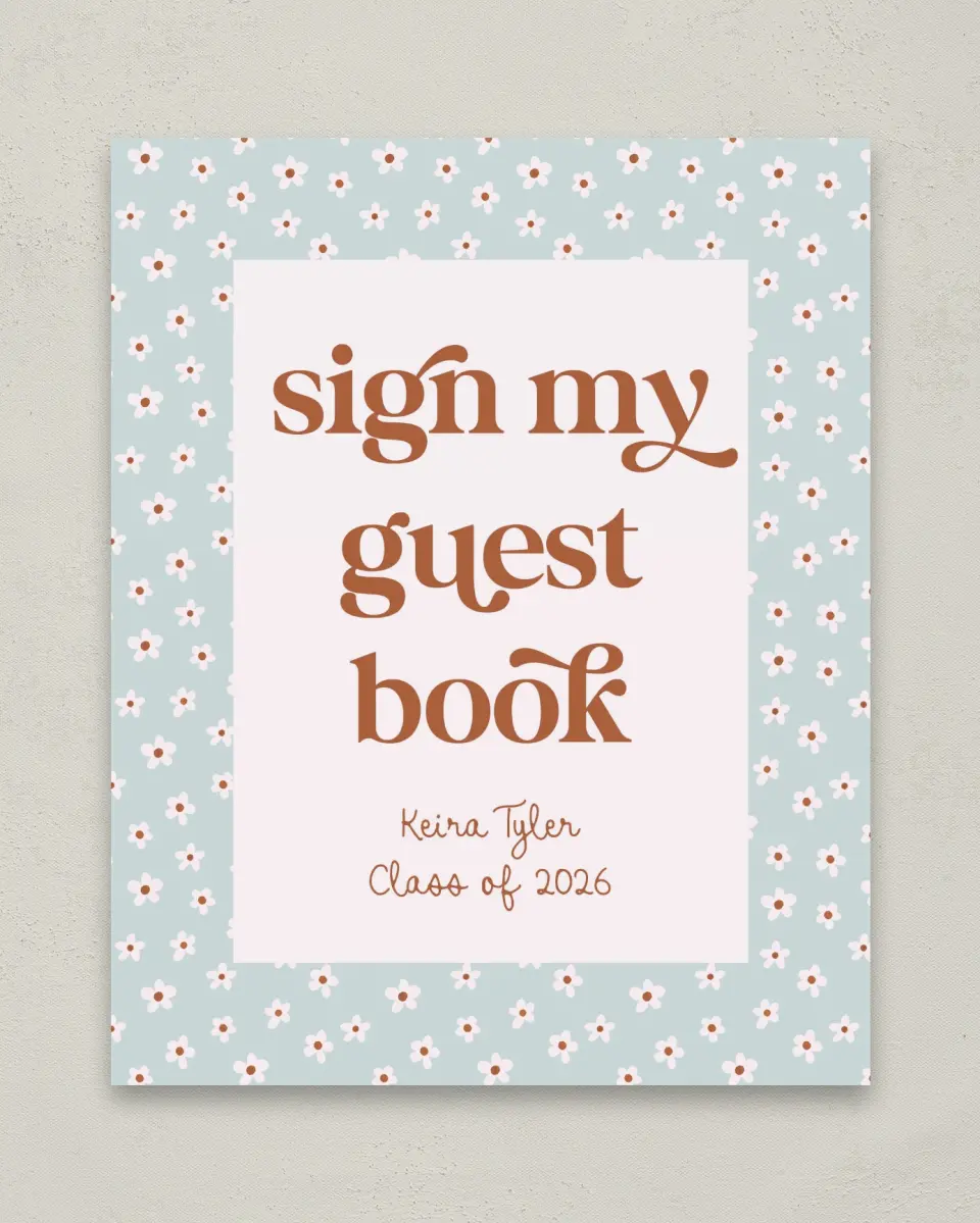 This is a 8" x 10" Guestbook Grad Sign called Demure Daisies printed in full color