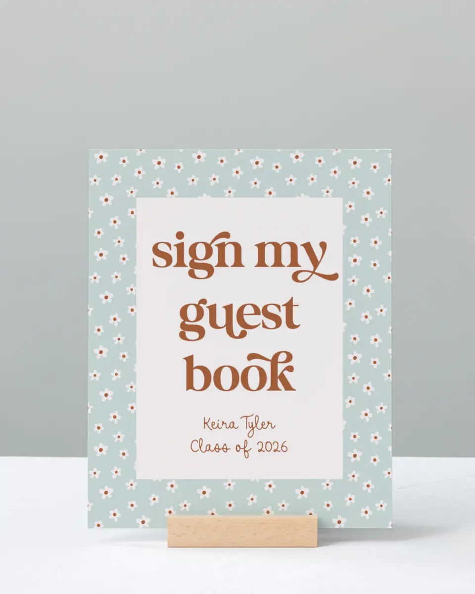 This is a 8" x 10" Guestbook Grad Sign called Demure Daisies printed in full color