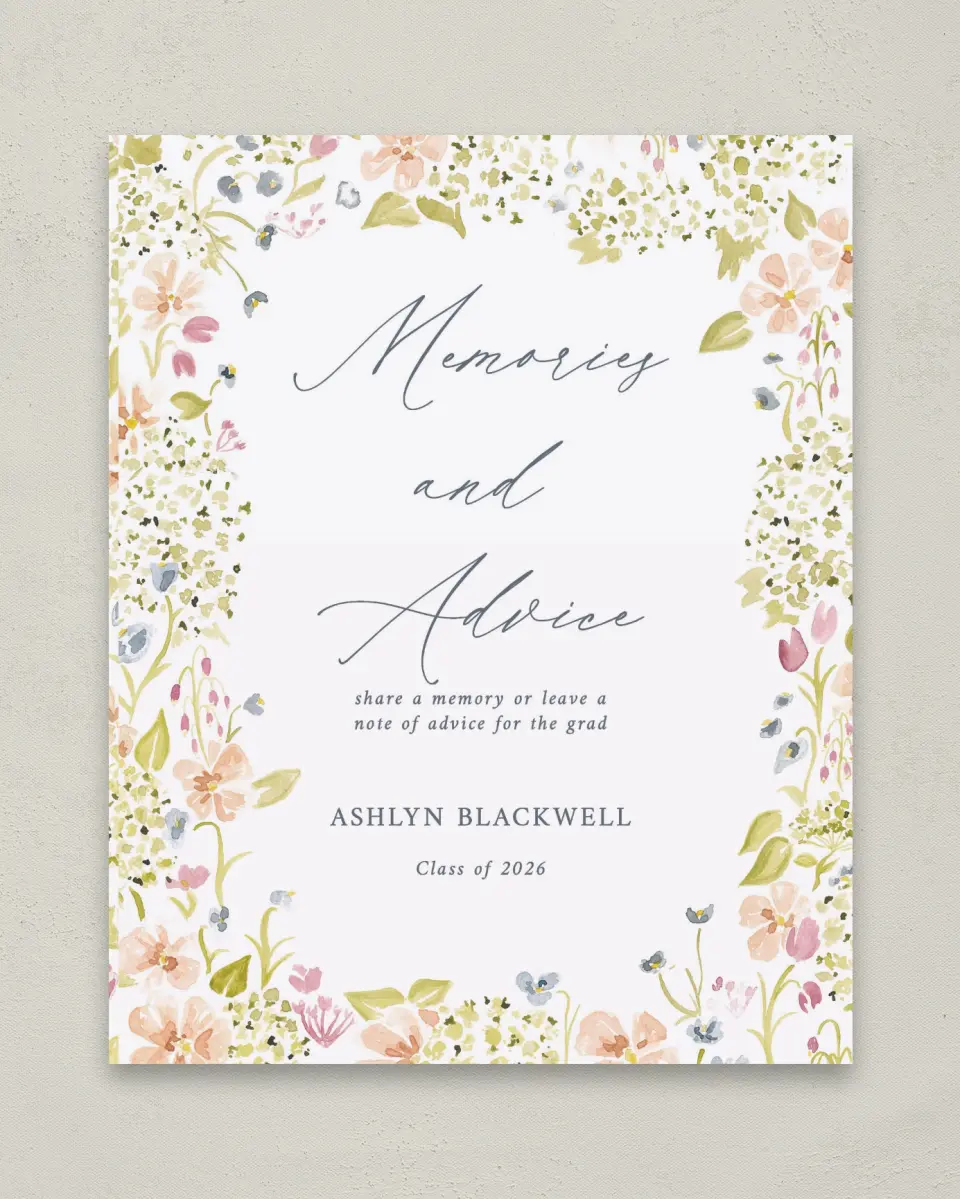 This is a 8" x 10" Memory & Advice Grad Sign called Blooming Bright printed in full color