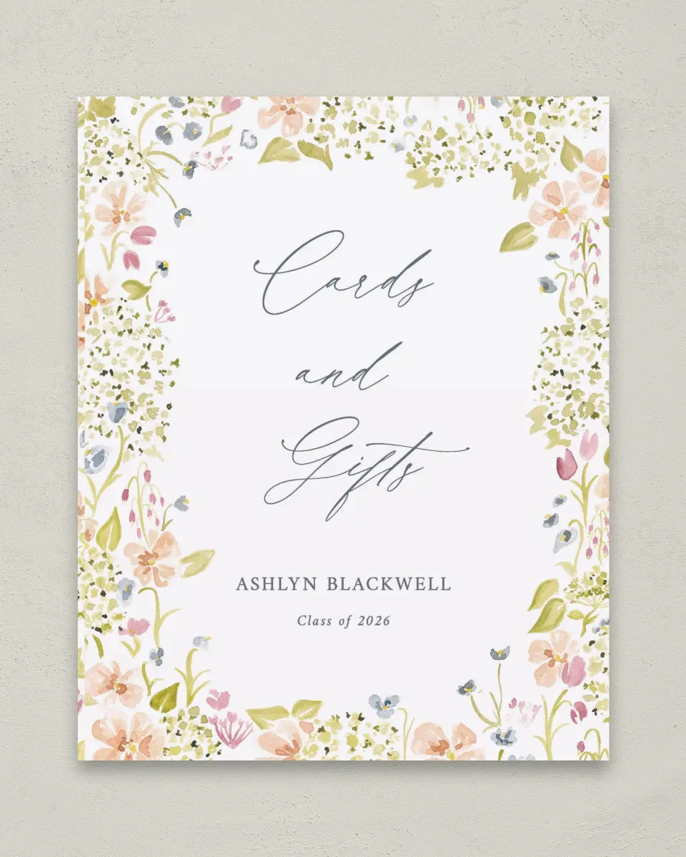 This is a 8" x 10" Cards & Gifts Grad Sign called Blooming Bright printed in full color