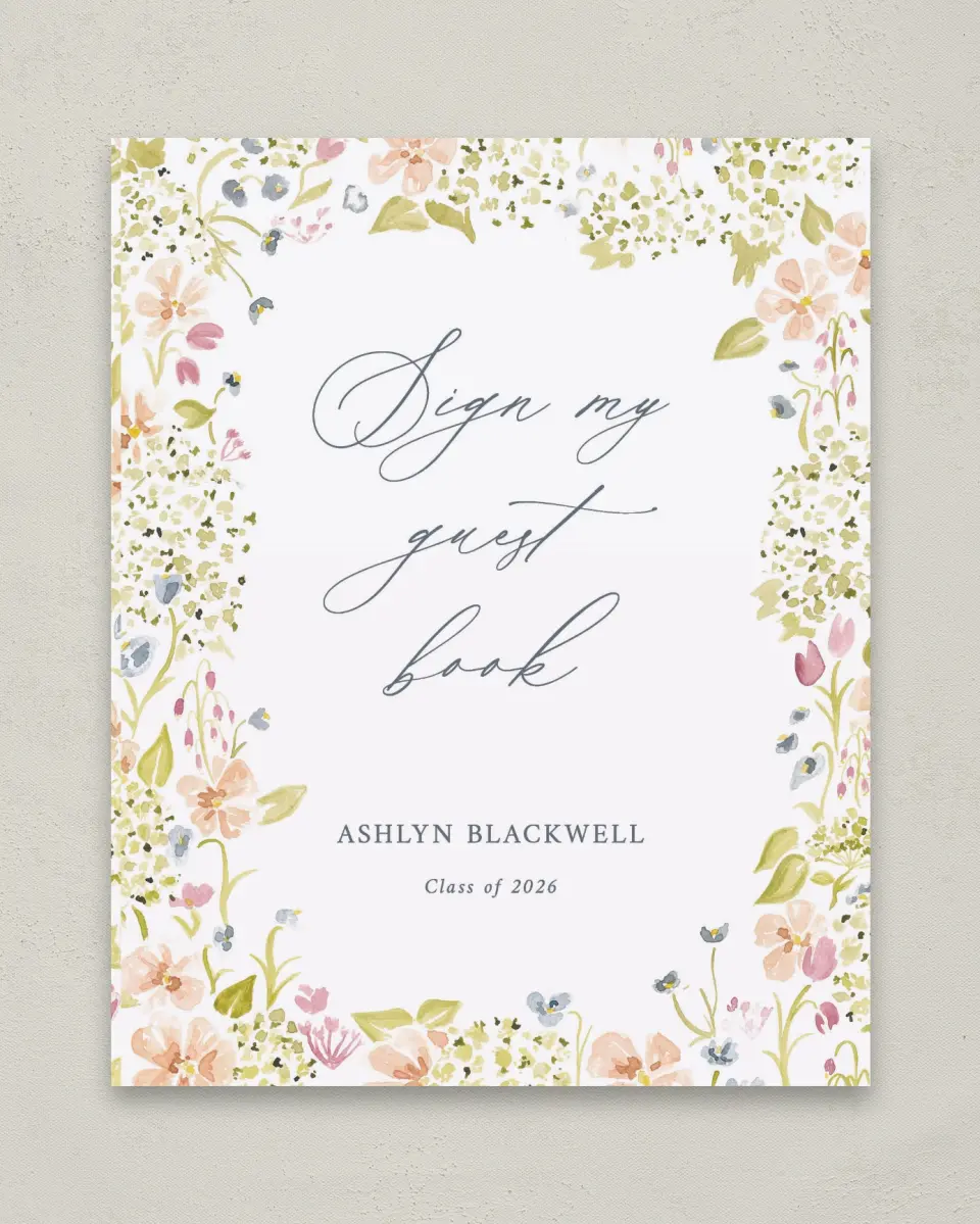 This is a 8" x 10" Guestbook Grad Sign called Blooming Bright printed in full color