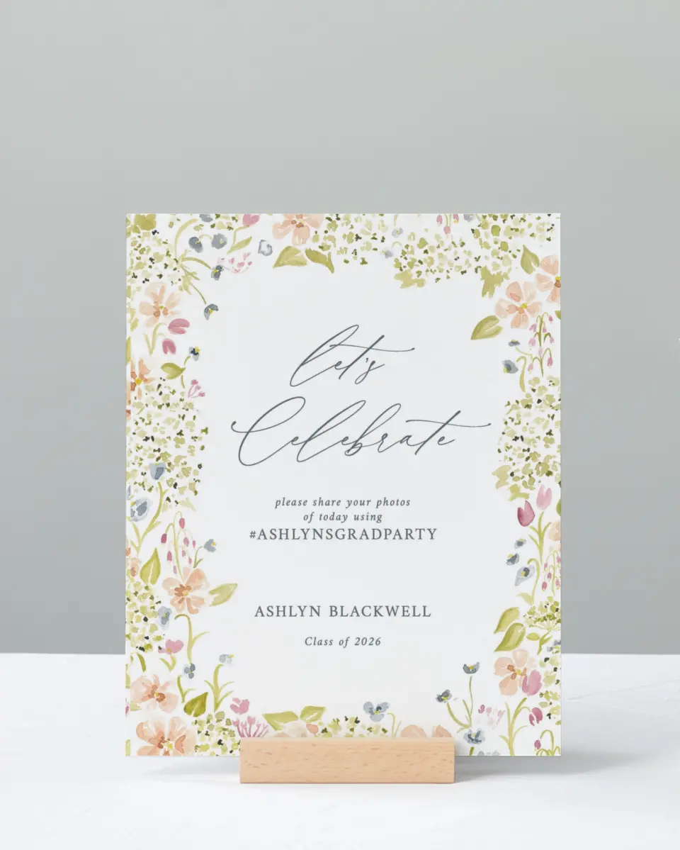 This is a 8" x 10" Let's Celebrate & Snap a Photo Grad Sign called Blooming Bright printed in full color