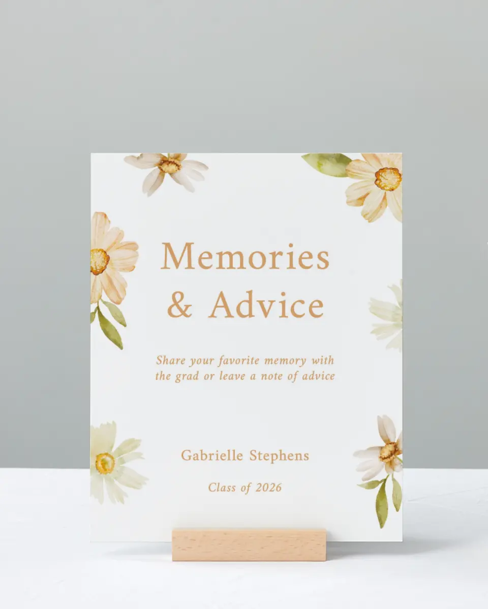 This is a 8" x 10" Memory & Advice Grad Sign called Sunny Blooms printed in full color with Rose Gold foil