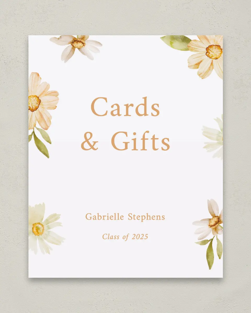 This is a 8" x 10" Cards & Gifts Grad Sign called Sunny Blooms printed in full color