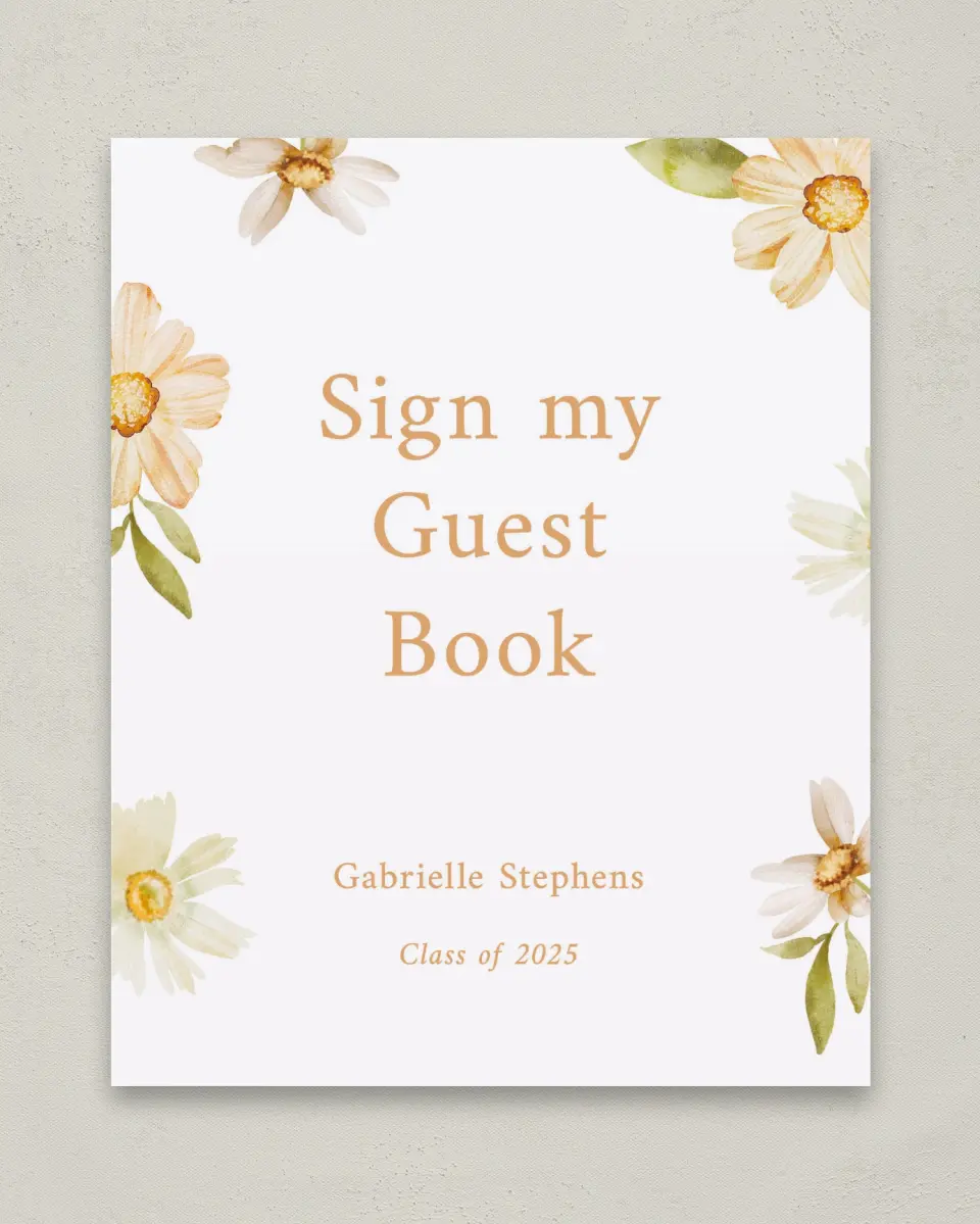 This is a 8" x 10" Guestbook Grad Sign called Sunny Blooms printed in full color