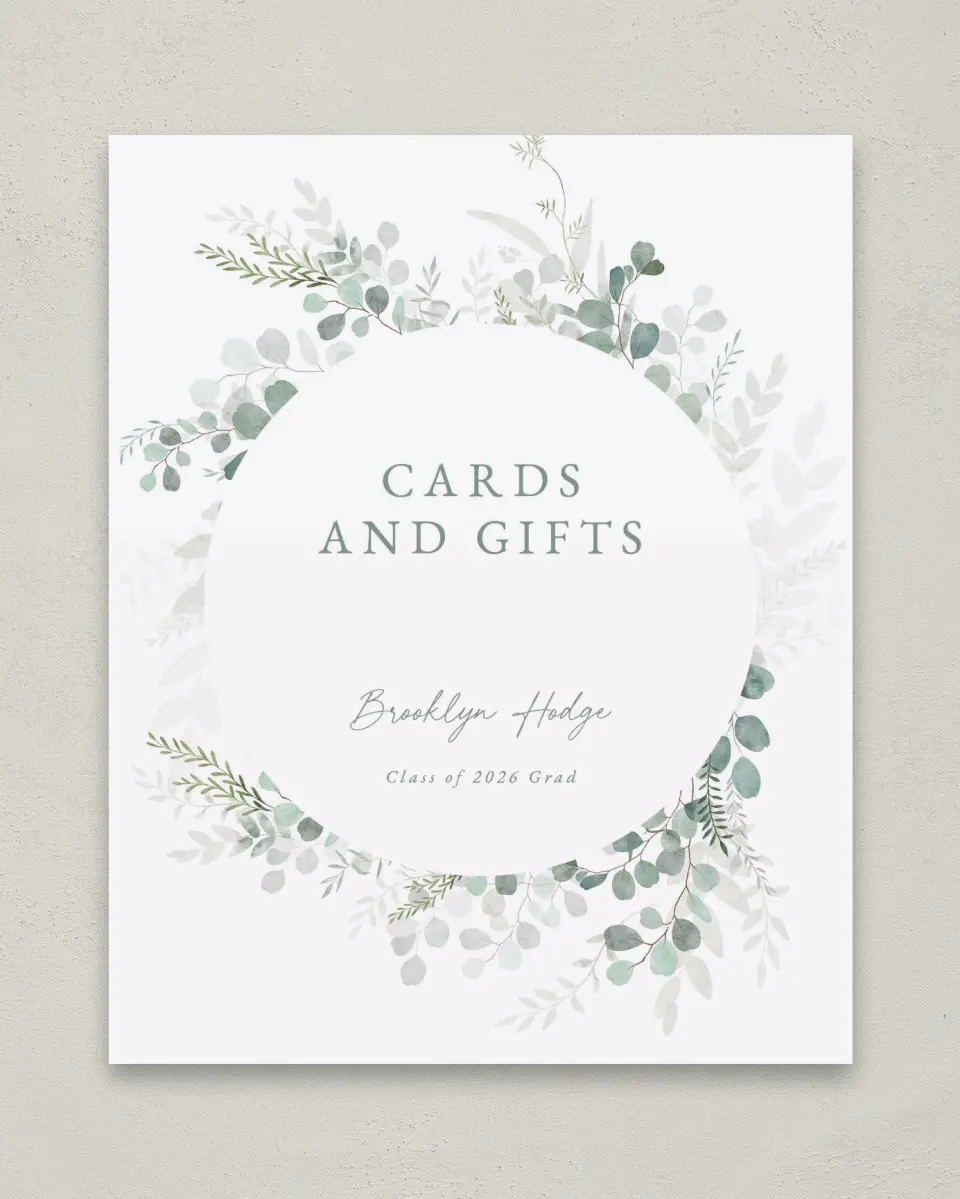 This is a 8" x 10" Cards & Gifts Grad Sign called Grad Greenery printed in full color