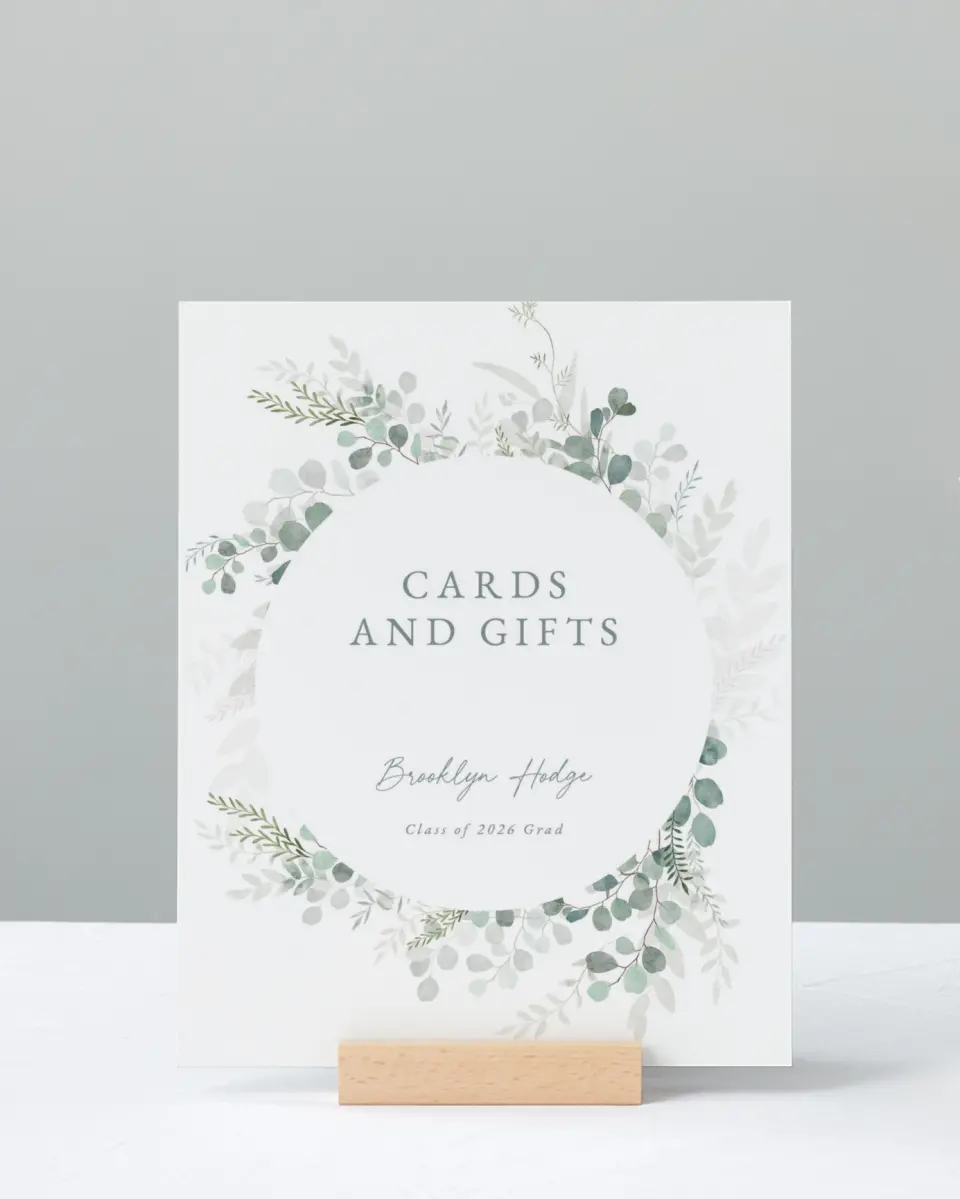 This is a 8" x 10" Cards & Gifts Grad Sign called Grad Greenery printed in full color