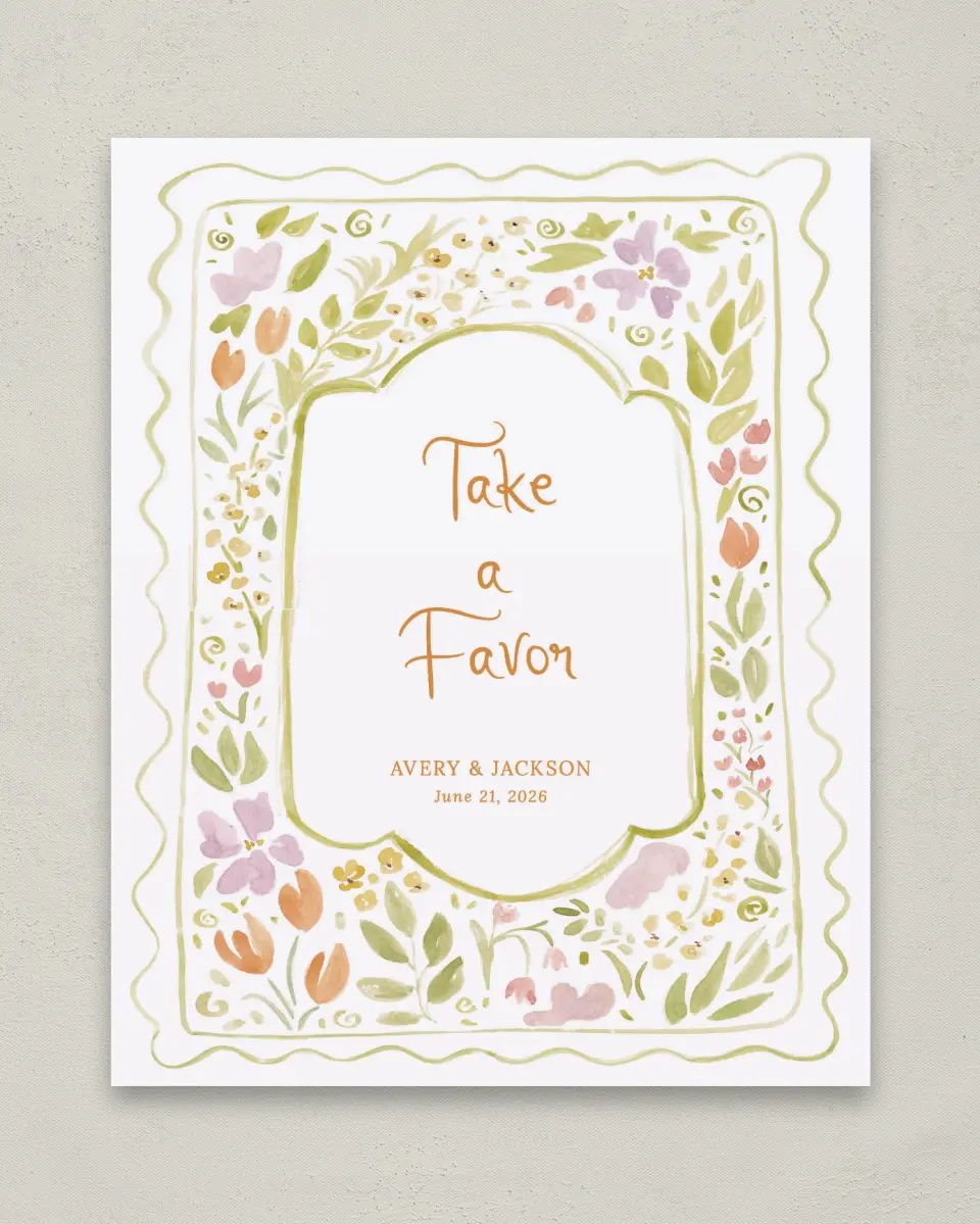 This is a 8" x 10" Favor Sign called Floral Whimsy printed in full color