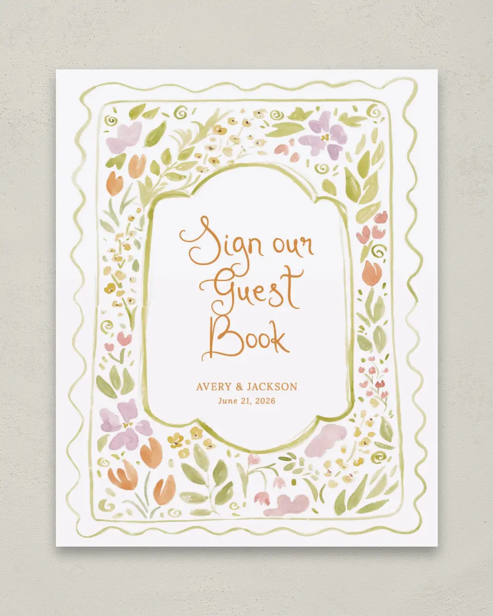 This is a 8" x 10" Guest Book Sign called Floral Whimsy printed in full color
