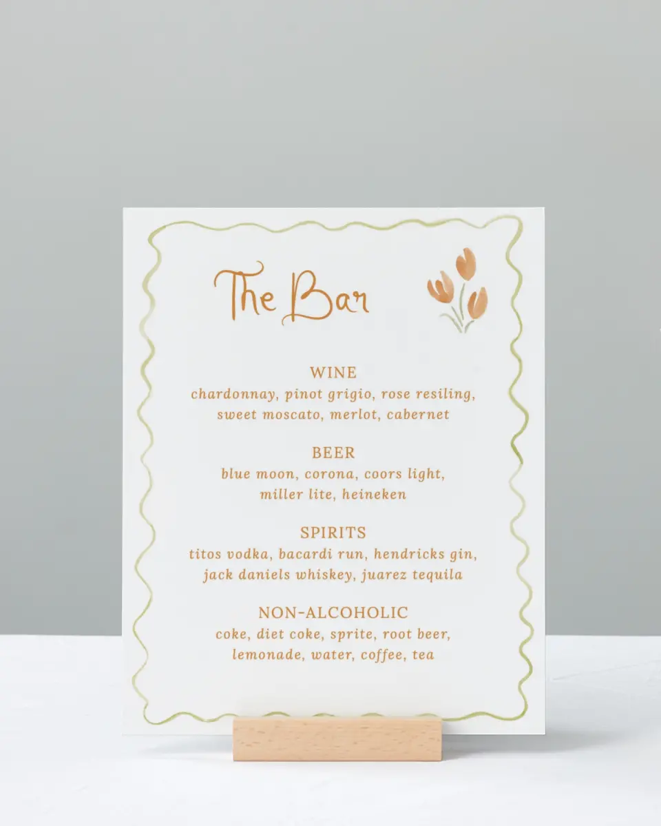 This is a 8" x 10" Menu Sign called Floral Whimsy printed in full color with Gold foil