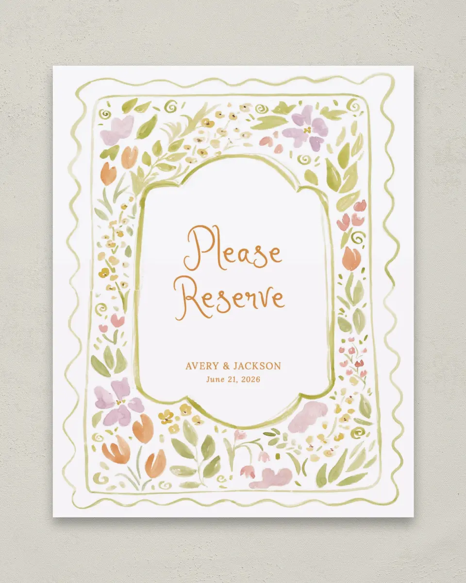 This is a 8" x 10" Reserved Seating Sign called Floral Whimsy printed in full color with Silver foil