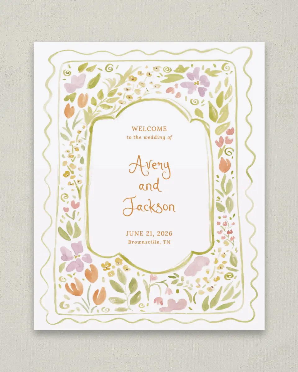 This is a 8" x 10" Welcome Sign called Floral Whimsy printed in full color with Silver foil