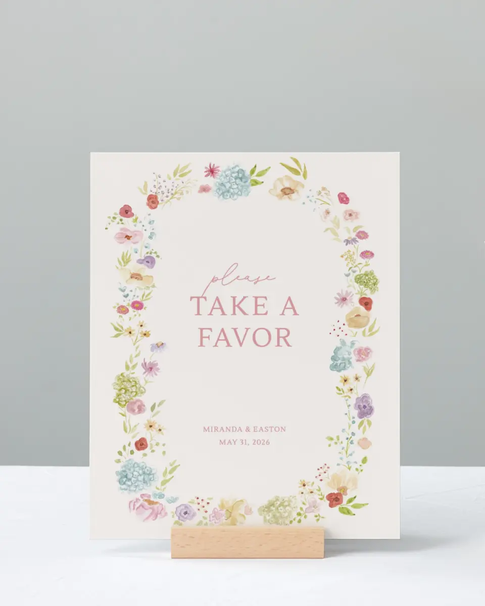 This is a 8" x 10" Favor Sign called Dainty Garden printed in full color