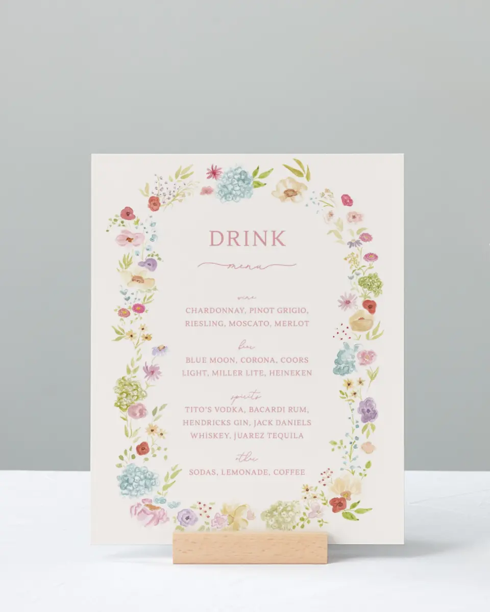 This is a 8" x 10" Menu Sign called Dainty Garden printed in full color