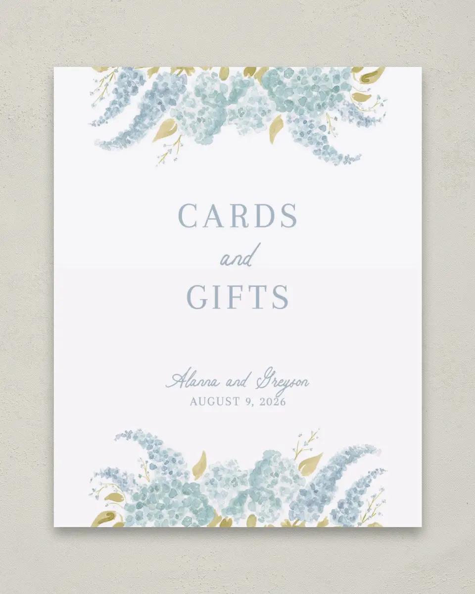This is a 8" x 10" Cards & Gifts Sign called Dashing Delphinium printed in full color