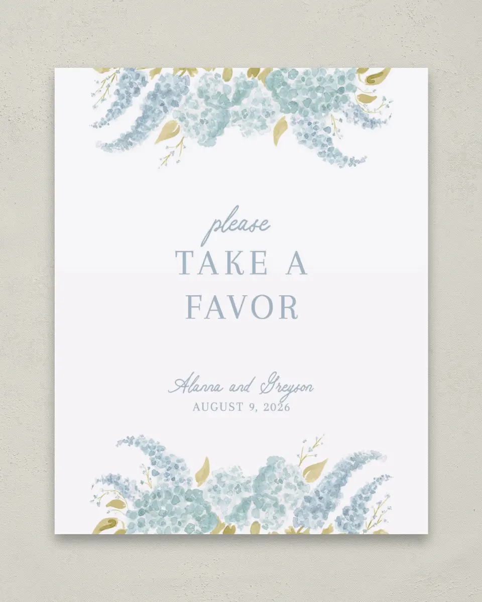 This is a 8" x 10" Favor Sign called Dashing Delphinium printed in full color with Gold foil