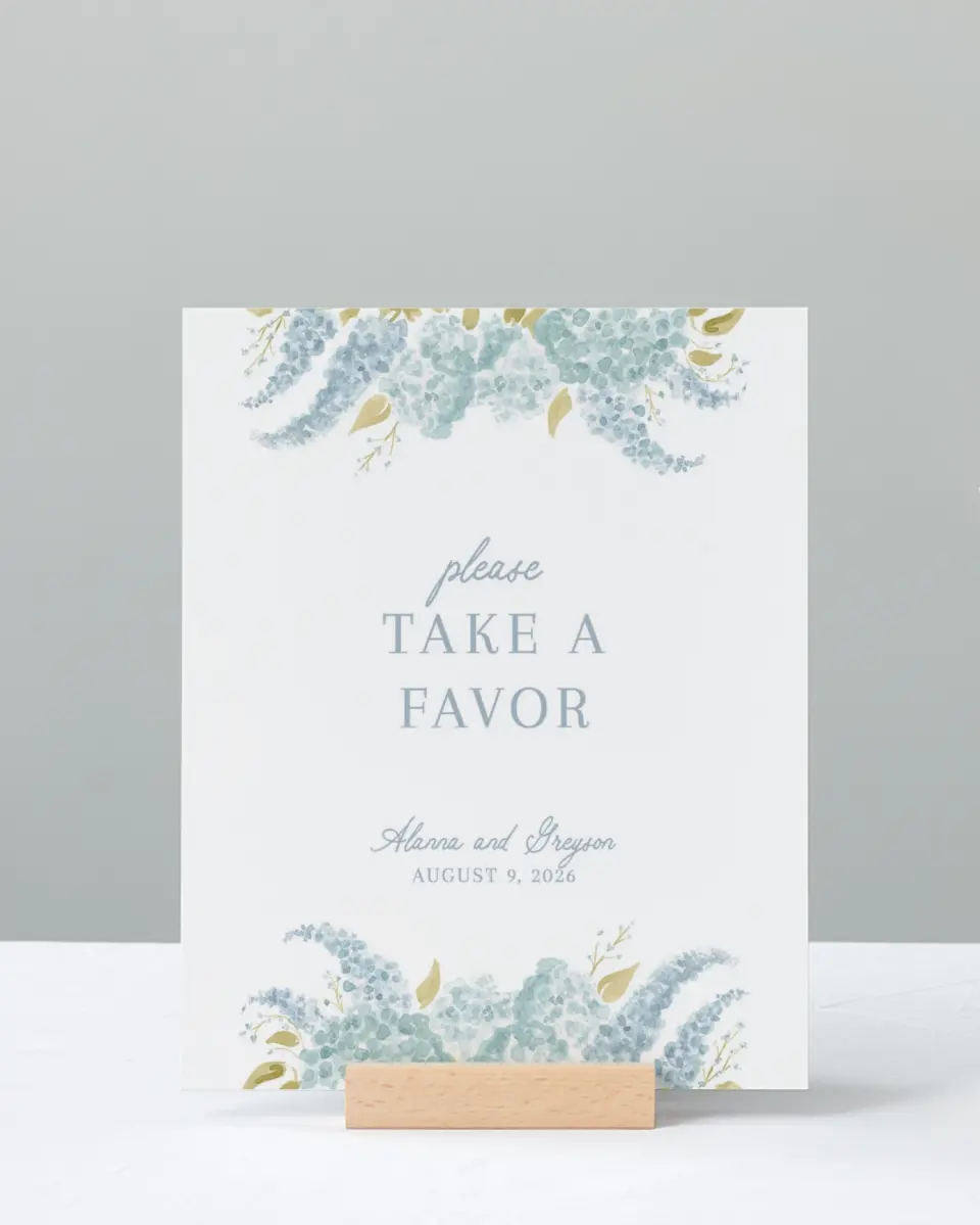 This is a 8" x 10" Favor Sign called Dashing Delphinium printed in full color