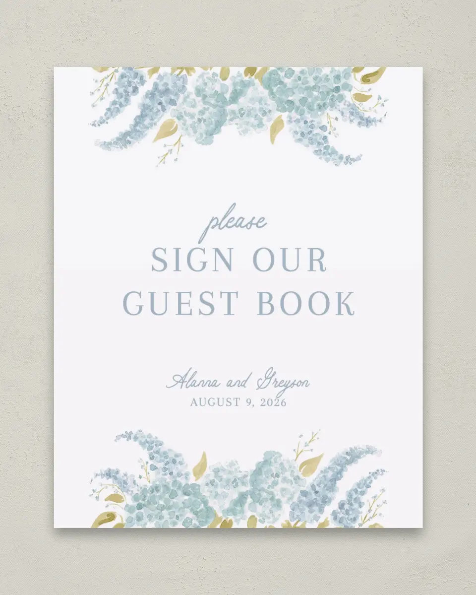 This is a 8" x 10" Guest Book Sign called Dashing Delphinium printed in full color