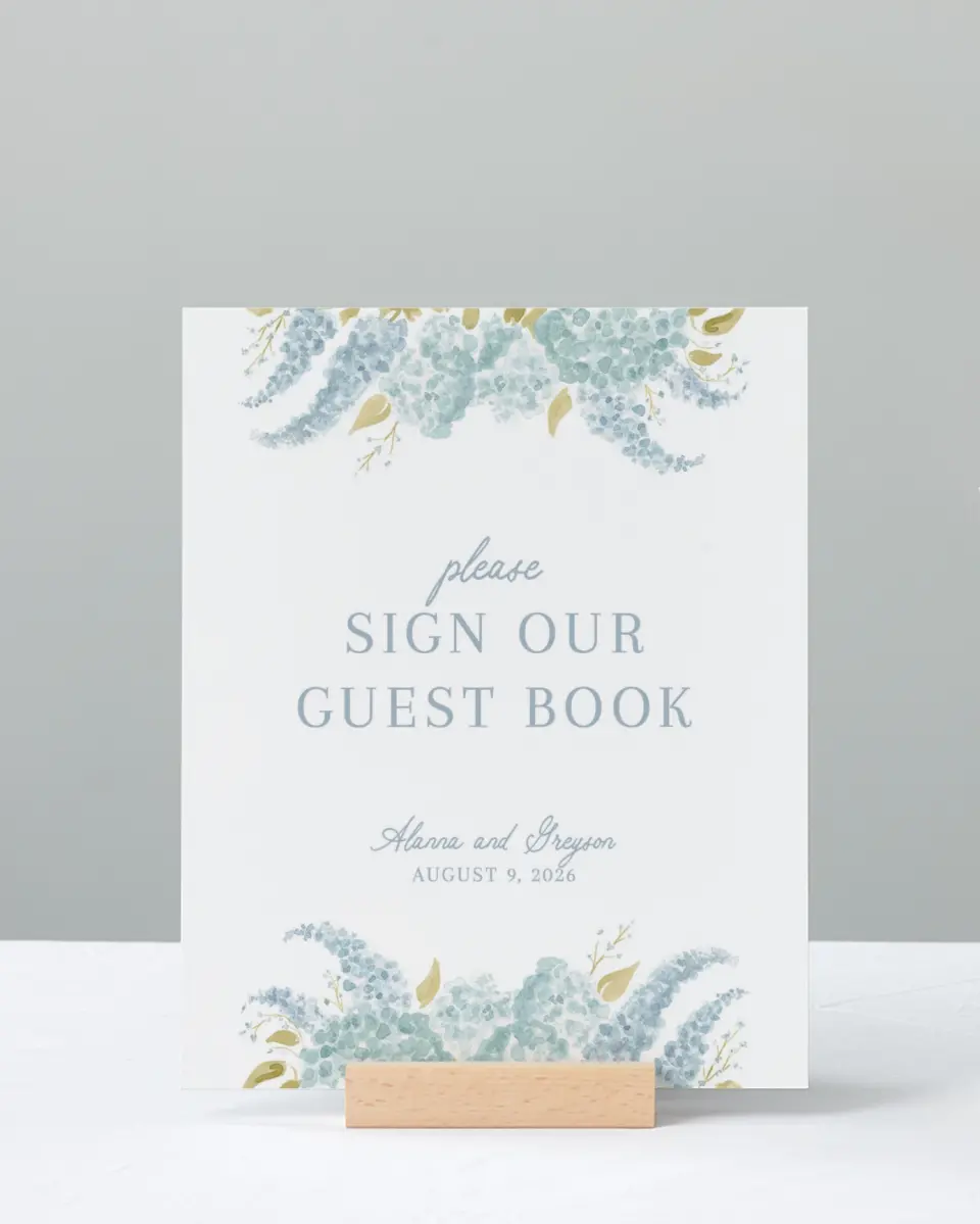 This is a 8" x 10" Guest Book Sign called Dashing Delphinium printed in full color with Silver foil