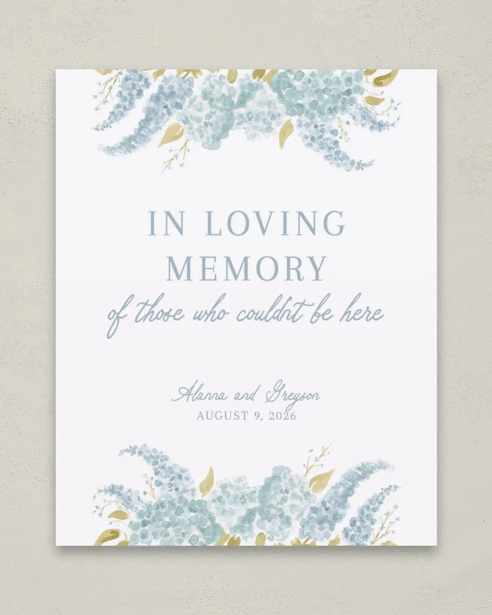 This is a 8" x 10" Loving Memory Sign called Dashing Delphinium printed in full color