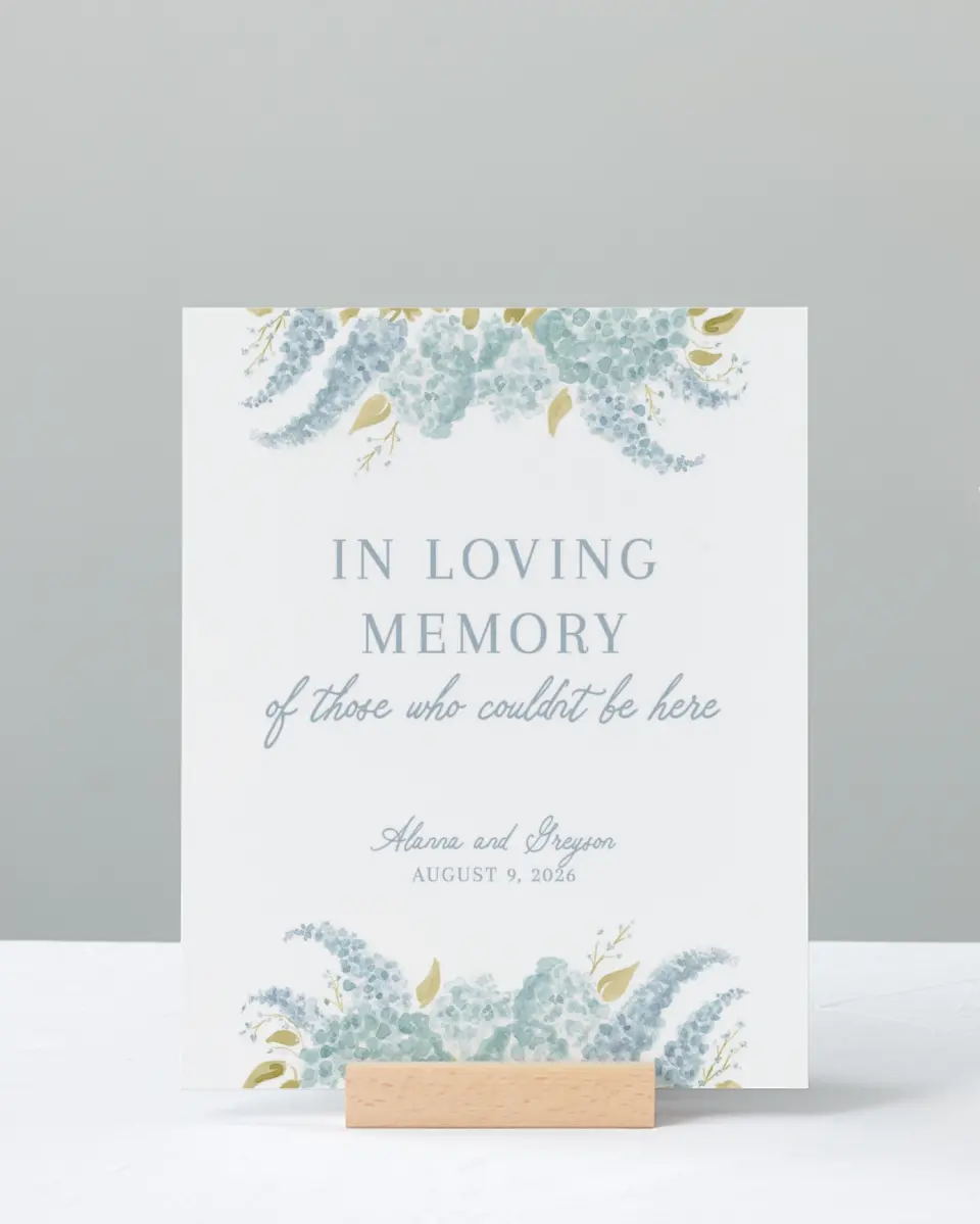 This is a 8" x 10" Loving Memory Sign called Dashing Delphinium printed in full color