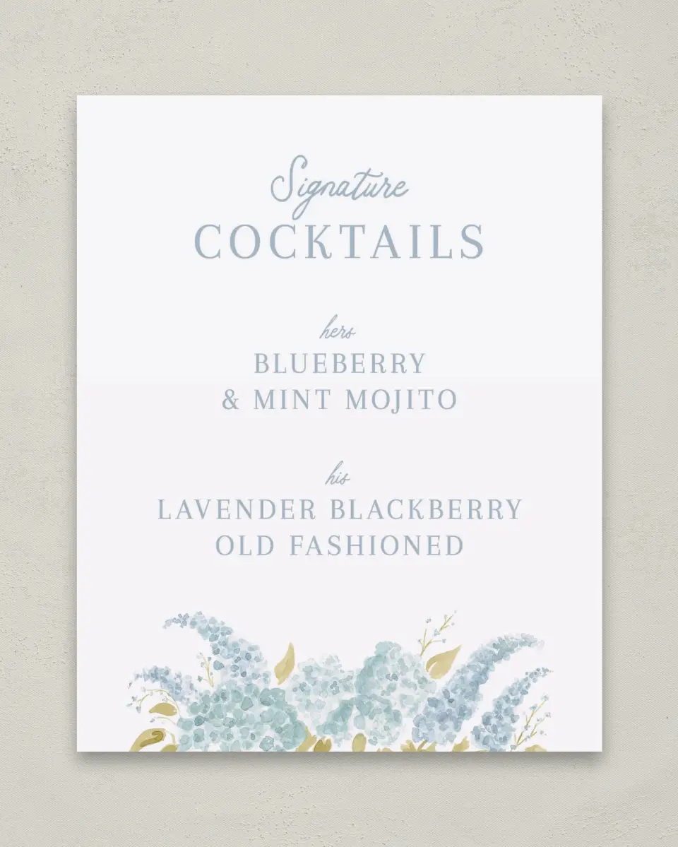 This is a 8" x 10" Menu Sign called Dashing Delphinium printed in full color