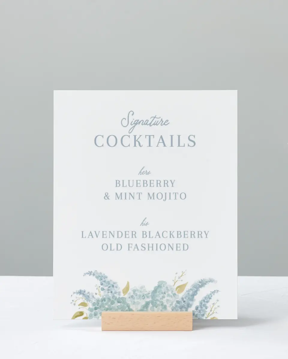 This is a 8" x 10" Menu Sign called Dashing Delphinium printed in full color