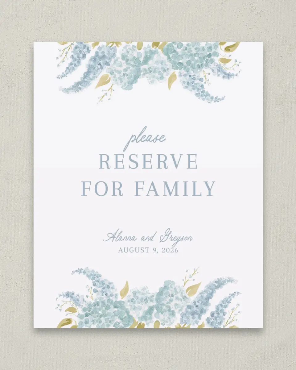 This is a 8" x 10" Reserved Seating Sign called Dashing Delphinium printed in full color with Silver foil