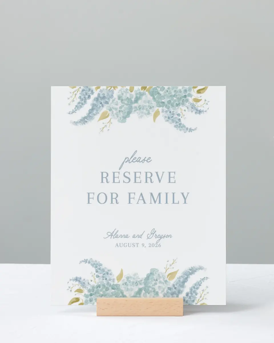 This is a 8" x 10" Reserved Seating Sign called Dashing Delphinium printed in full color with Gold foil
