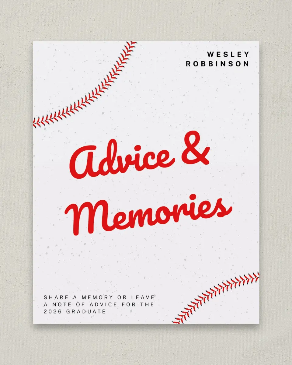 This is a 8" x 10" Memory & Advice Grad Sign called Homerun Hero printed in full color