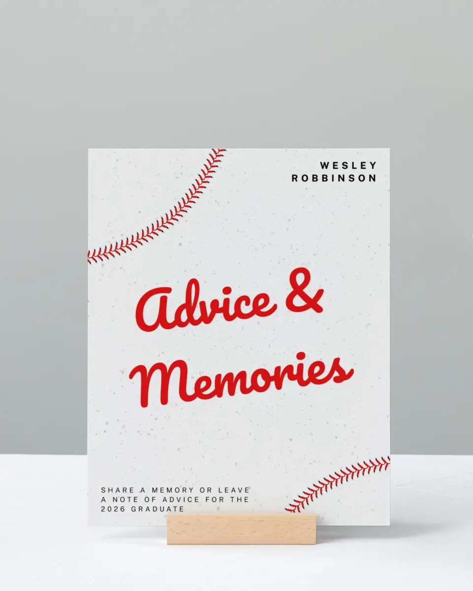 This is a 8" x 10" Memory & Advice Grad Sign called Homerun Hero printed in full color with Rose Gold foil