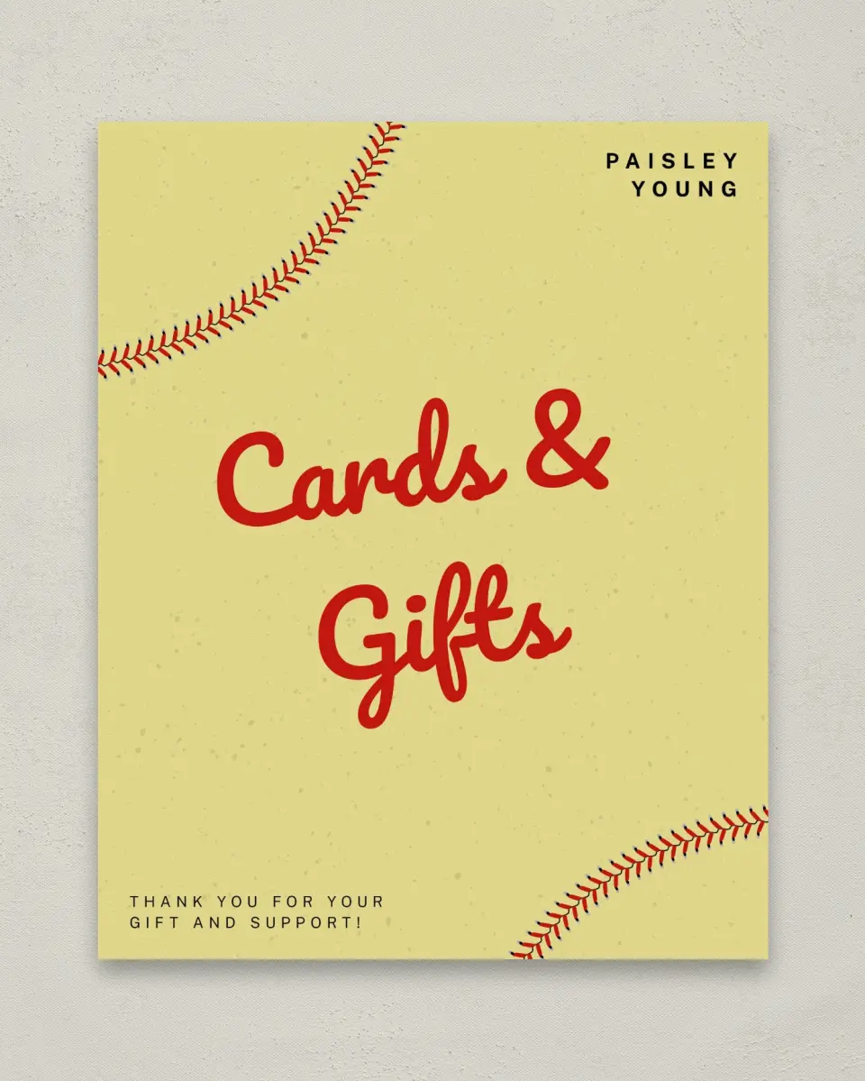 This is a 8" x 10" Cards & Gifts Grad Sign called Softball Slugger printed in full color