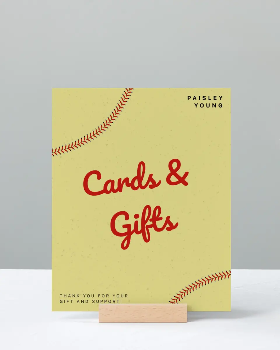 This is a 8" x 10" Cards & Gifts Grad Sign called Softball Slugger printed in full color