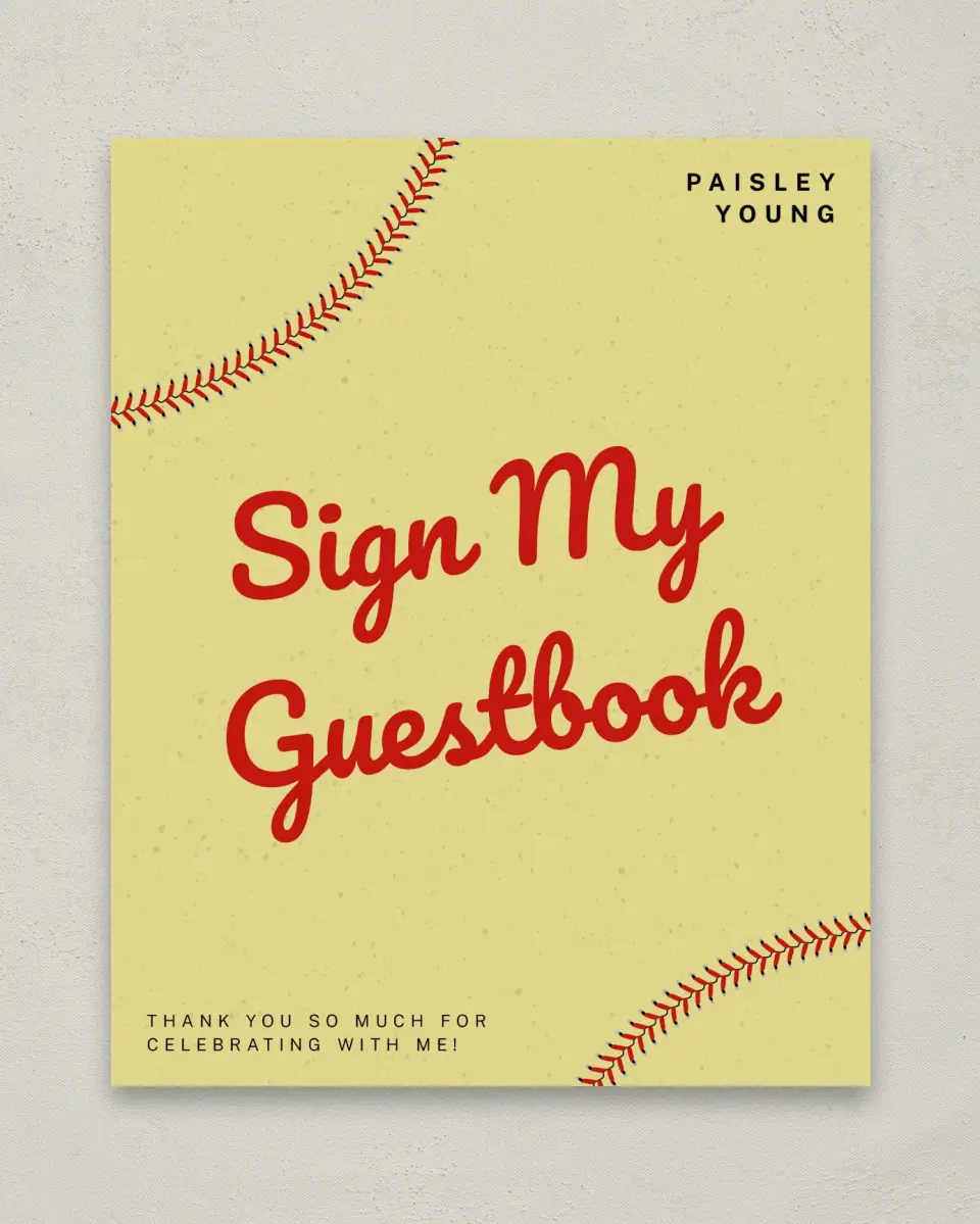 This is a 8" x 10" Guestbook Grad Sign called Softball Slugger printed in full color with Gold foil