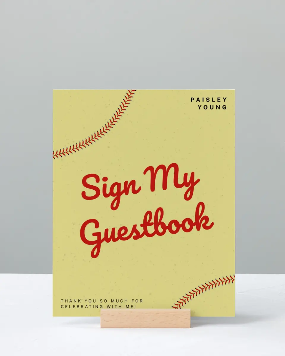 This is a 8" x 10" Guestbook Grad Sign called Softball Slugger printed in full color