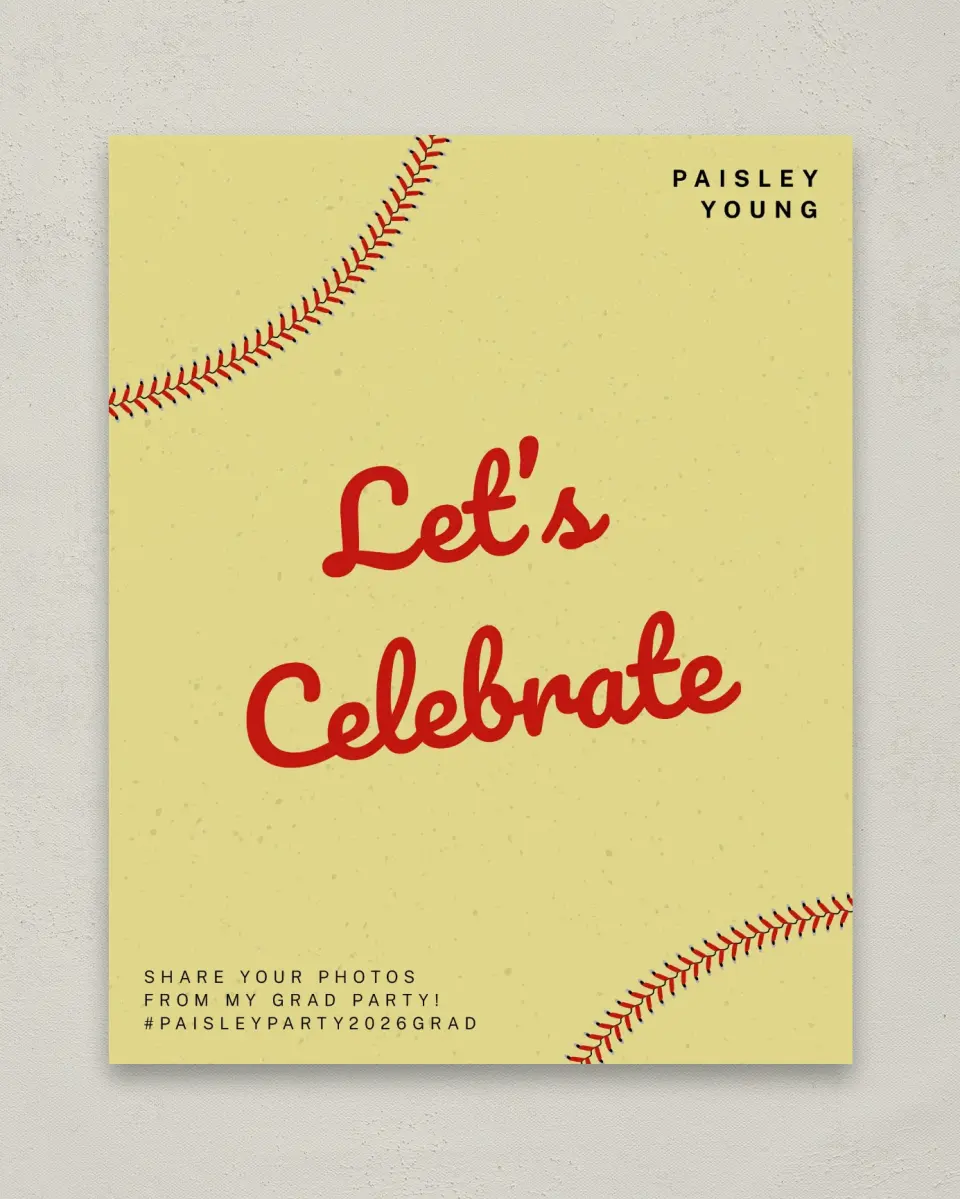 This is a 8" x 10" Let's Celebrate & Snap a Photo Grad Sign called Softball Slugger printed in full color