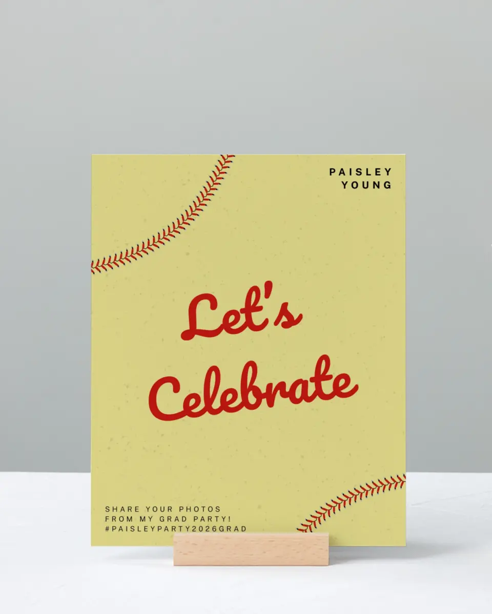 This is a 8" x 10" Let's Celebrate & Snap a Photo Grad Sign called Softball Slugger printed in full color