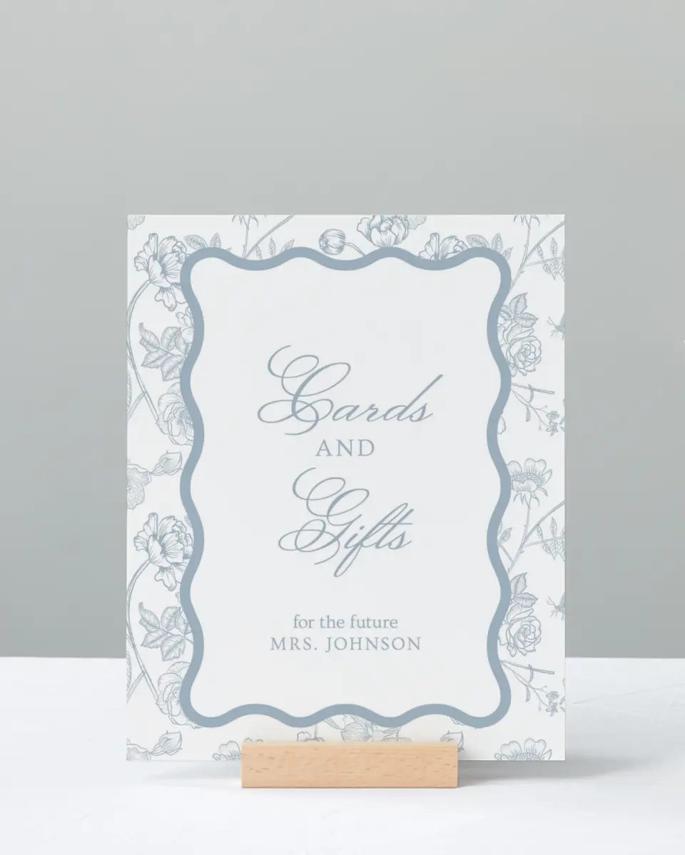 This is a 8" x 10" Cards & Gifts Sign called Something Blue printed in full color with Silver foil