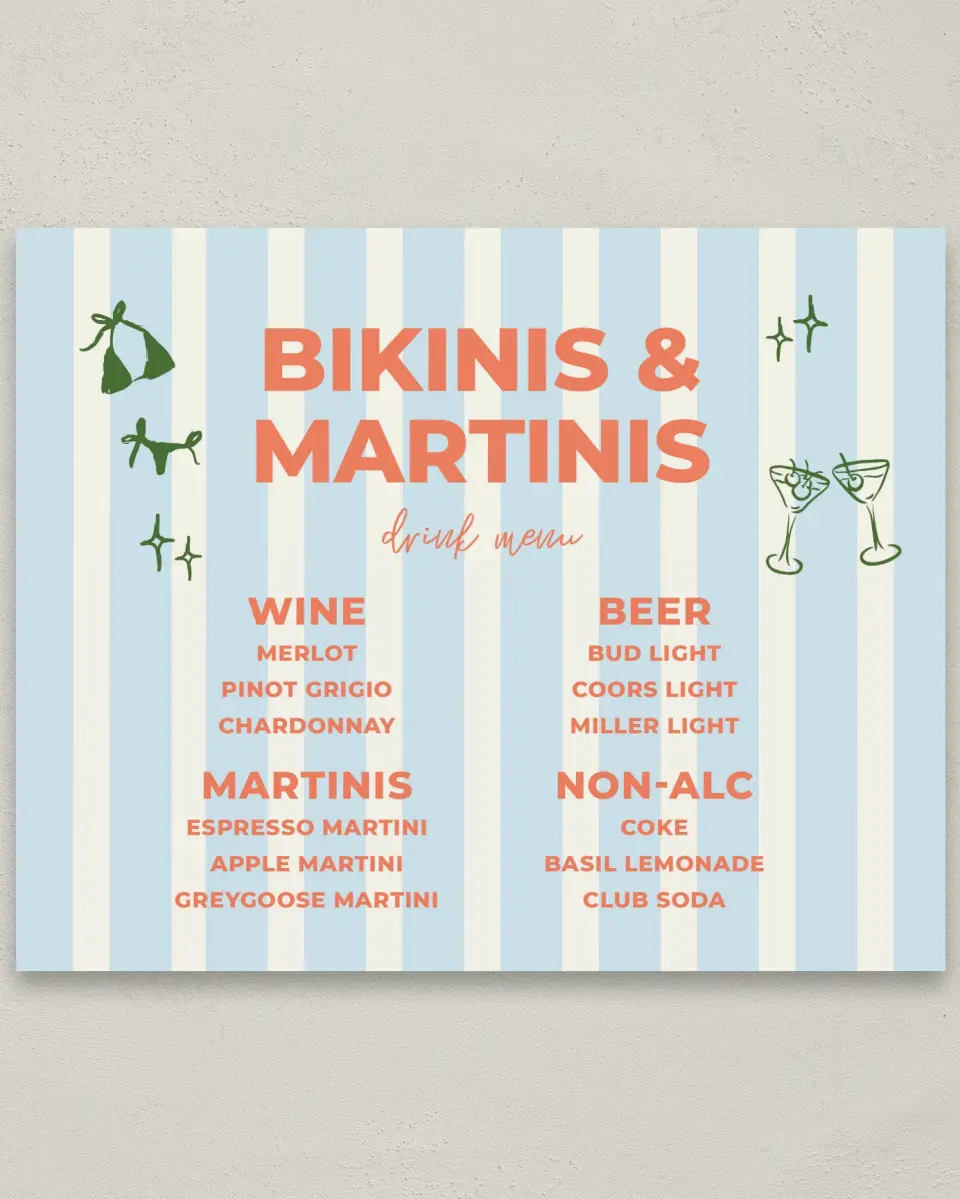 This is a 8" x 10" Bachelorette Party Thank You Card called Bikinis & Martinis printed in full color