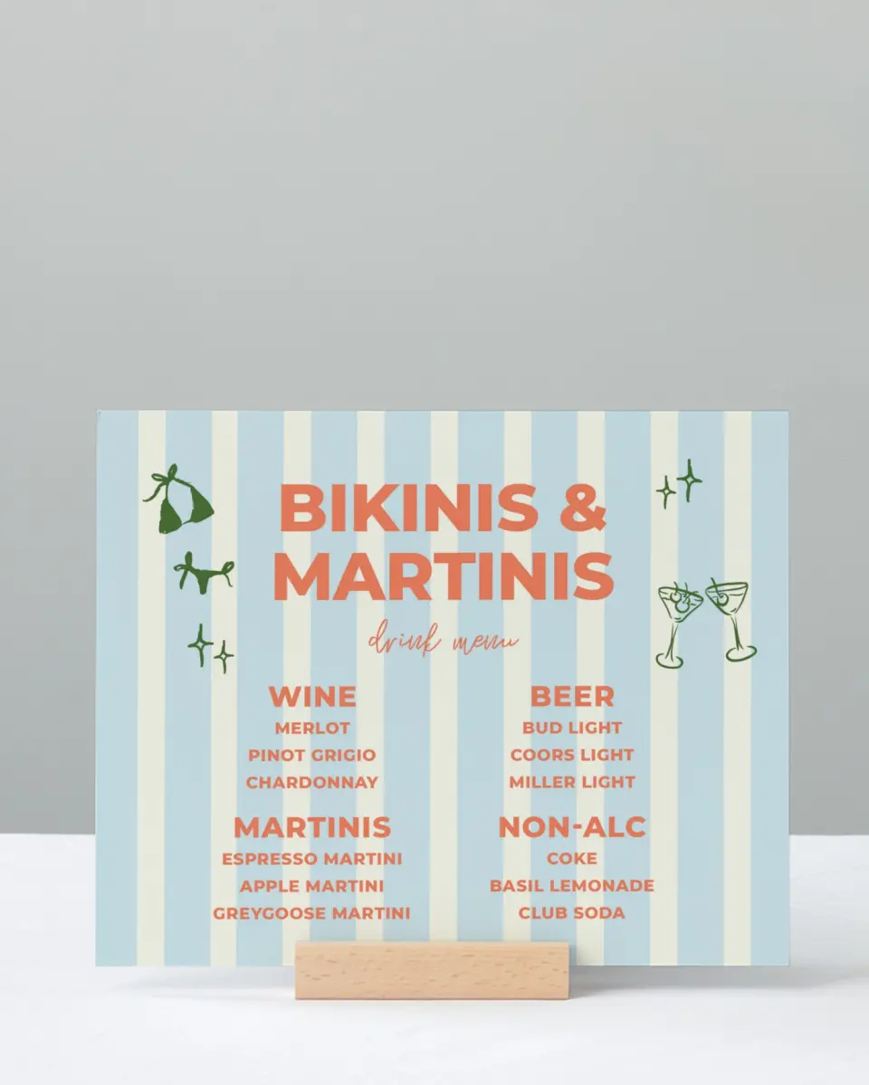 This is a 8" x 10" Bachelorette Party Thank You Card called Bikinis & Martinis printed in full color with Silver foil